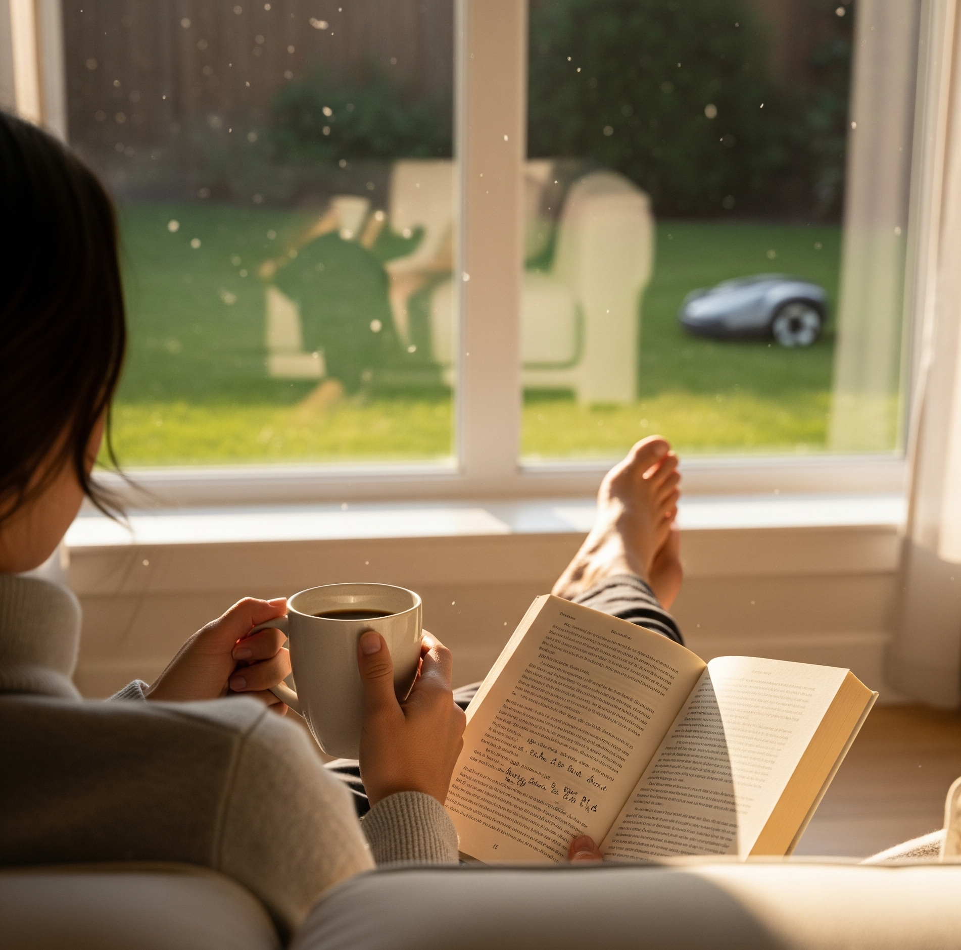 Relaxing On Their Couch With A Cup Of Coffee And A Book, Looking Out A Bright Window.