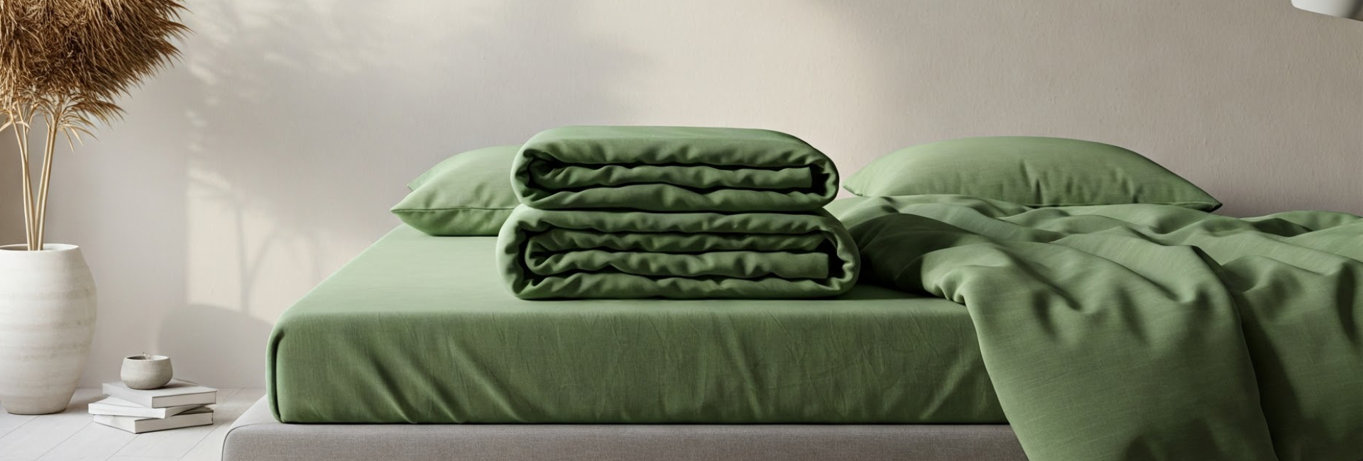 Folded Green Bedding On Bed 1920X650